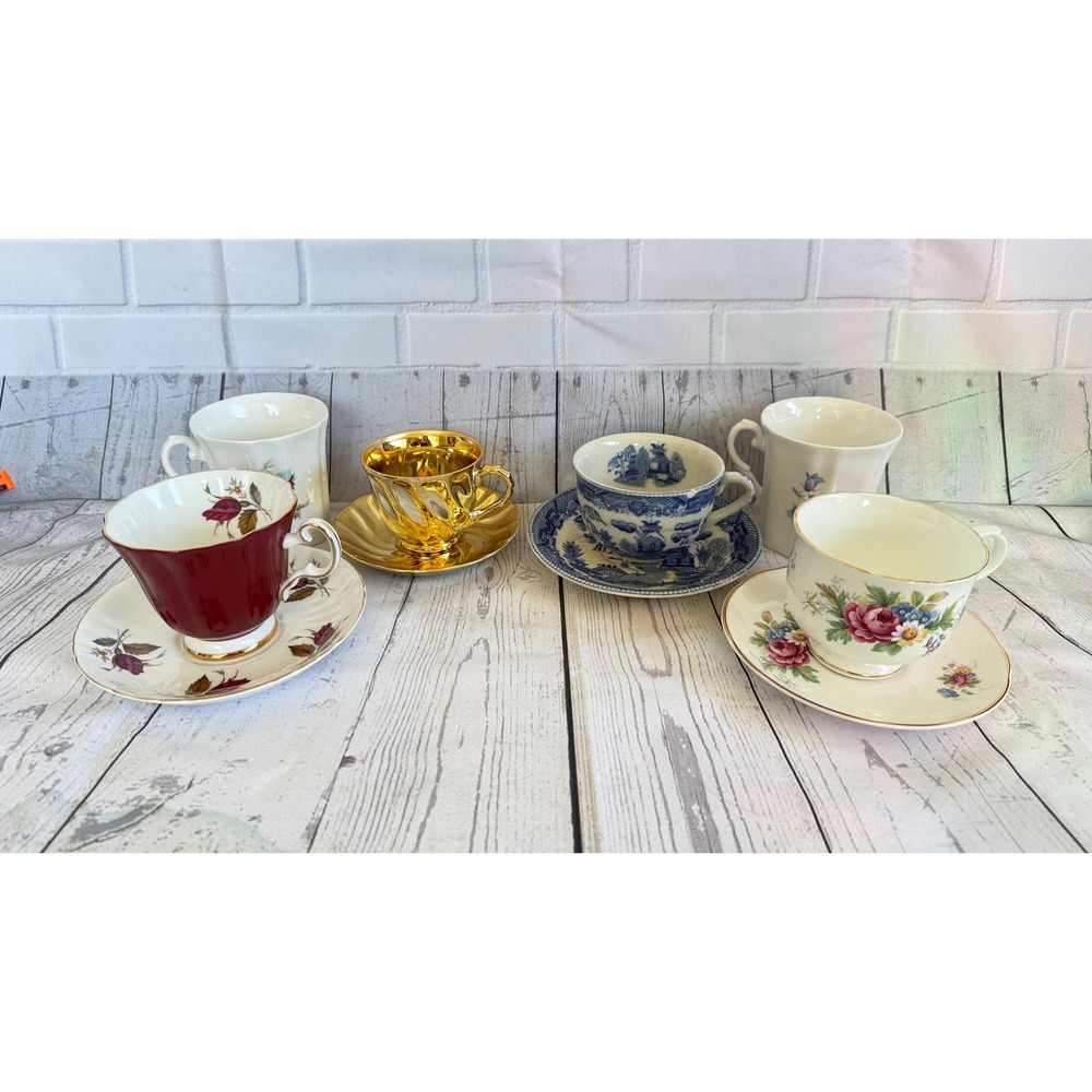 Vintage Mismatched Tea Cup and Saucer Set Royal Grafton Blue Willow Japan 8pc